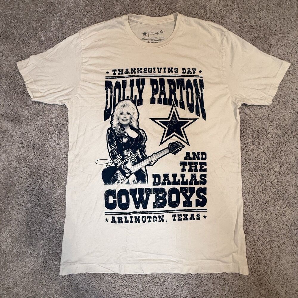 Dolly Parton Dallas Cowboys Graphic T-Shirt Unisex L Ivory Band Tour